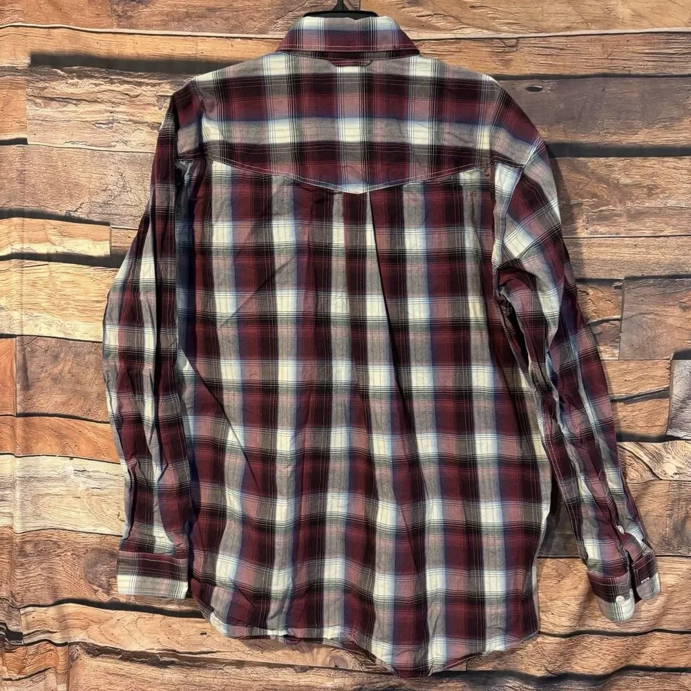 Roper Western Shirt Mens L Plaid Button Down Burgundy Maroon Cotton Long Sleeve